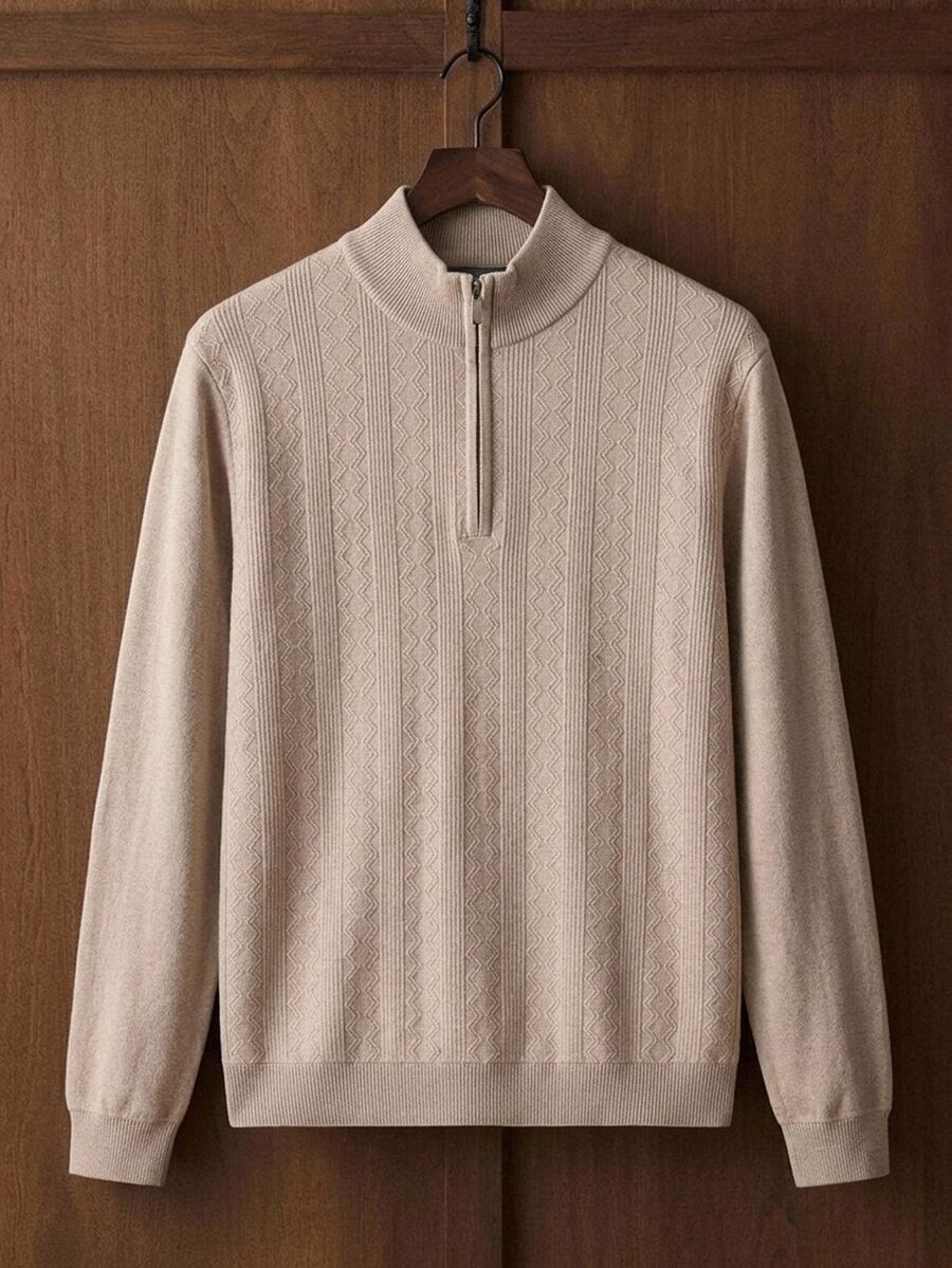 Manfinity CityGents Sweater Rajut Setengah Resleting Motif Tekstur Pria Gaya Klasik, Pullover Lengan Panjang, Gaya Unisex Musim Gugur/Dingin, Pakaian Pasangan, Hadiah Liburan Terbaik - Krem - View 1