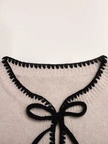 SHEIN 青少年女孩貝殼刺繡蝴蝶結繫帶針織開襟衫，秋冬款 - 杏色 - 查看 5