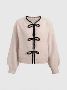 SHEIN 青少年女孩貝殼刺繡蝴蝶結繫帶針織開襟衫，秋冬款 - 杏色 - 查看 3