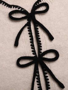 SHEIN 青少年女孩貝殼刺繡蝴蝶結繫帶針織開襟衫，秋冬款 - 杏色 - 查看 7