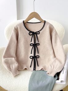 SHEIN 青少年女孩貝殼刺繡蝴蝶結繫帶針織開襟衫，秋冬款 - 杏色 - 查看 2