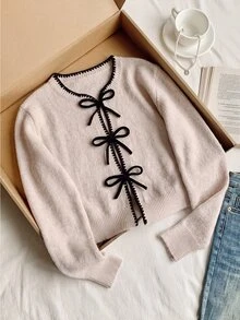 SHEIN 青少年女孩貝殼刺繡蝴蝶結繫帶針織開襟衫，秋冬款 - 杏色 - 查看 10