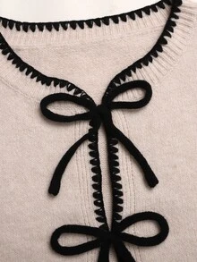 SHEIN 青少年女孩貝殼刺繡蝴蝶結繫帶針織開襟衫，秋冬款 - 杏色 - 查看 6