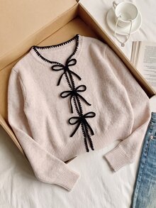 SHEIN 青少年女孩貝殼刺繡蝴蝶結繫帶針織開襟衫，秋冬款 - 杏色 - 查看 11