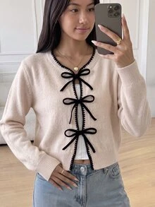 SHEIN 青少年女孩貝殼刺繡蝴蝶結繫帶針織開襟衫，秋冬款 - 杏色 - 查看 1