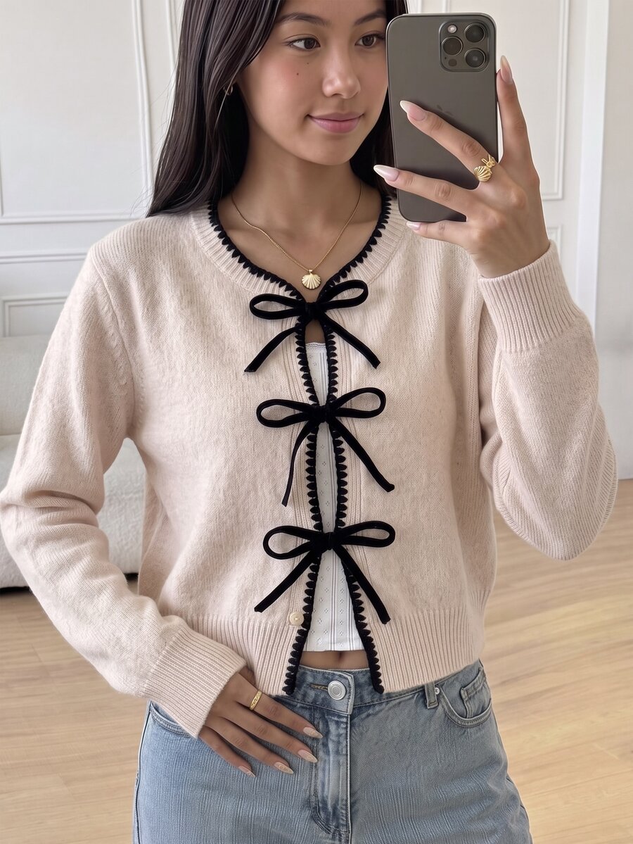 SHEIN 青少年女孩貝殼刺繡蝴蝶結繫帶針織開襟衫,秋冬款 - 杏色 - 查看 1