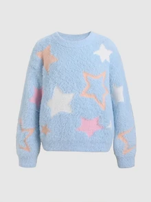 SHEIN Cute Light Blue Starfish Pattern Round Neck Loose Pullover Sweater For Tween Girl Tween Girls Autumn Winter Back To School Season - Blue - View 4
