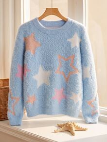 SHEIN Cute Light Blue Starfish Pattern Round Neck Loose Pullover Sweater For Tween Girl Tween Girls Autumn Winter Back To School Season - Blue - View 8