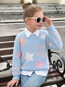 SHEIN Cute Light Blue Starfish Pattern Round Neck Loose Pullover Sweater For Tween Girl Tween Girls Autumn Winter Back To School Season - Blue - View 11