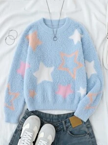 SHEIN Cute Light Blue Starfish Pattern Round Neck Loose Pullover Sweater For Tween Girl Tween Girls Autumn Winter Back To School Season - Blue - View 3