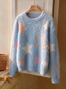 SHEIN Cute Light Blue Starfish Pattern Round Neck Loose Pullover Sweater For Tween Girl Tween Girls Autumn Winter Back To School Season - Blue - View 9