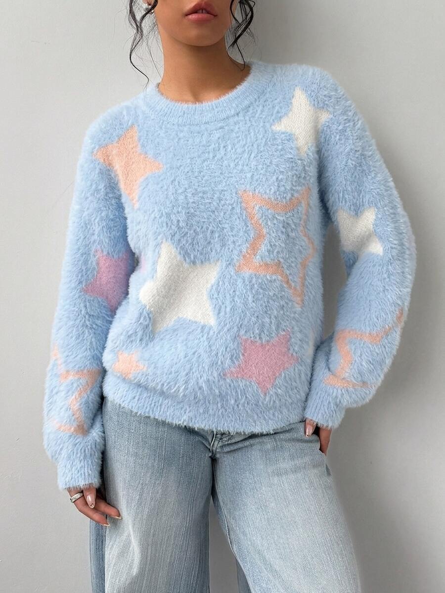 SHEIN Cute Light Blue Starfish Pattern Round Neck Loose Pullover Sweater For Tween Girl Tween Girls Autumn Winter Back To School Season - Blue - View 1