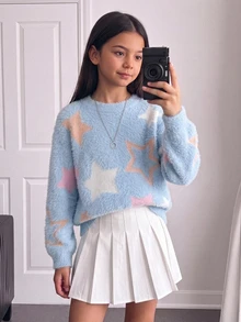 SHEIN Cute Light Blue Starfish Pattern Round Neck Loose Pullover Sweater For Tween Girl Tween Girls Autumn Winter Back To School Season - Blue - View 10