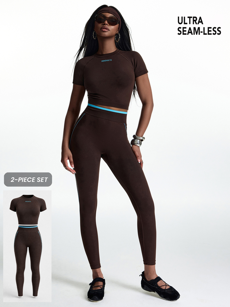 Innovista Innovista Set Olahraga Wanita Tanpa Jahitan Lengan Pendek dengan Motif Huruf, Set Gym, Set Latihan, Set Pilates Yoga, Pakaian Olahraga Aktif, Push Up, Pengangkat Bokong, Tahan Jongkok - Chocolate Brown - View 2