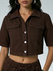 Denimoi Flap Pocket Button Front Casual Boxy Cropped Denim Top - Mocha Brown - View 7