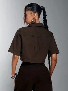 Denimoi Flap Pocket Button Front Casual Boxy Cropped Denim Top - Mocha Brown - View 5