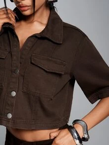 Denimoi Flap Pocket Button Front Casual Boxy Cropped Denim Top - Mocha Brown - View 4