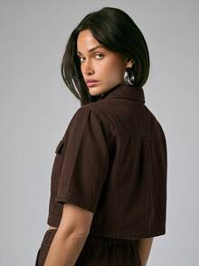 Denimoi Flap Pocket Button Front Casual Boxy Cropped Denim Top - Mocha Brown - View 9