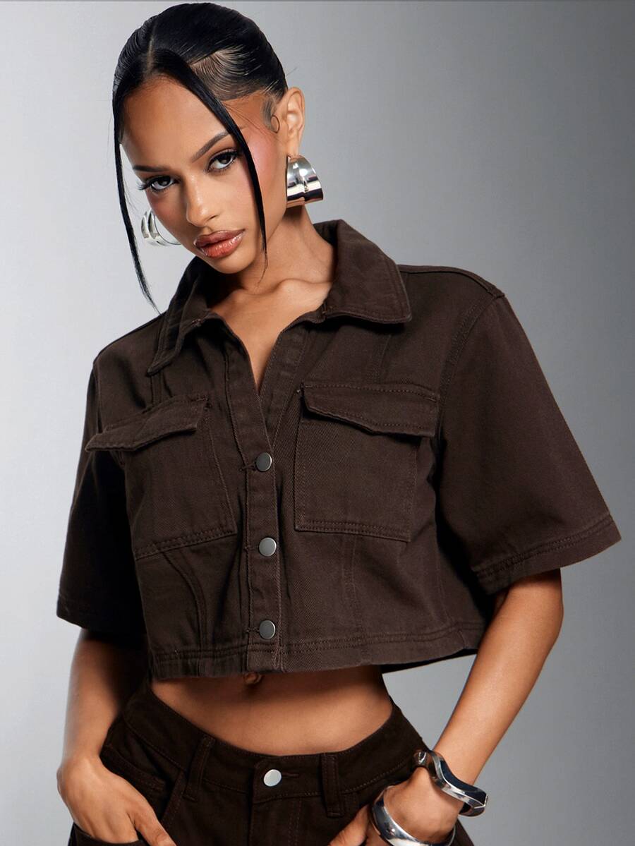Denimoi Flap Pocket Button Front Casual Boxy Cropped Denim Top - Mocha Brown - View 1