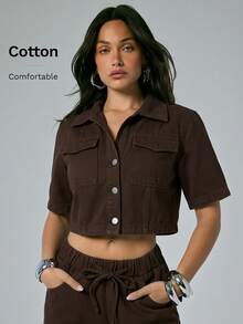 Denimoi Flap Pocket Button Front Casual Boxy Cropped Denim Top - Mocha Brown - View 6