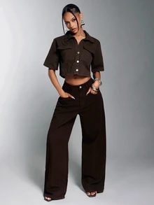 Denimoi Flap Pocket Button Front Casual Boxy Cropped Denim Top - Mocha Brown - View 2