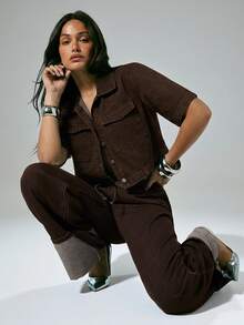 Denimoi Flap Pocket Button Front Casual Boxy Cropped Denim Top - Mocha Brown - View 10