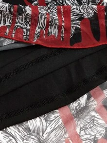 Shutterstock Y2Kool 女士Y2K黑色双层网纱半身裙，饰有手绘骷髅、花卉、荆棘和流水图案，适合节日和派对搭配，时尚系列，新年黑色哥特风半身裙，鱼尾裙，黑红骷髅图案半身裙，辣妹风印花半身裙 - 黑色 - 查看 4