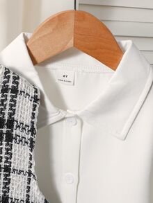 Elladie kids Girls' Elegant Preppy-Style 3 Pieces Set: Plaid Tweed-Style Vest, Long-Sleeve Shirt, And Shorts (Autumn) White Nursery Kindergarten First Birthday 7th - White - View 5