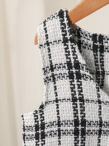 Elladie kids Girls' Elegant Preppy-Style 3 Pieces Set: Plaid Tweed-Style Vest, Long-Sleeve Shirt, And Shorts (Autumn) White Nursery Kindergarten First Birthday 7th - White - View 3