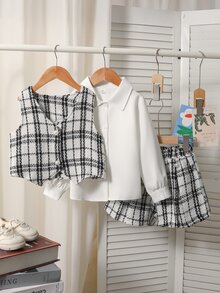 Elladie kids Girls' Elegant Preppy-Style 3 Pieces Set: Plaid Tweed-Style Vest, Long-Sleeve Shirt, And Shorts (Autumn) White Nursery Kindergarten First Birthday 7th - White - View 2
