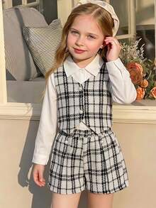 Elladie kids Girls' Elegant Preppy-Style 3 Pieces Set: Plaid Tweed-Style Vest, Long-Sleeve Shirt, And Shorts (Autumn) White Nursery Kindergarten First Birthday 7th - White - View 1