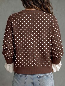Franclia Fashion Casual Vintage Round Neck Coffee & White Polka Dot Print Basic Button Front Cardigan Plus Size - Multicolor - View 2