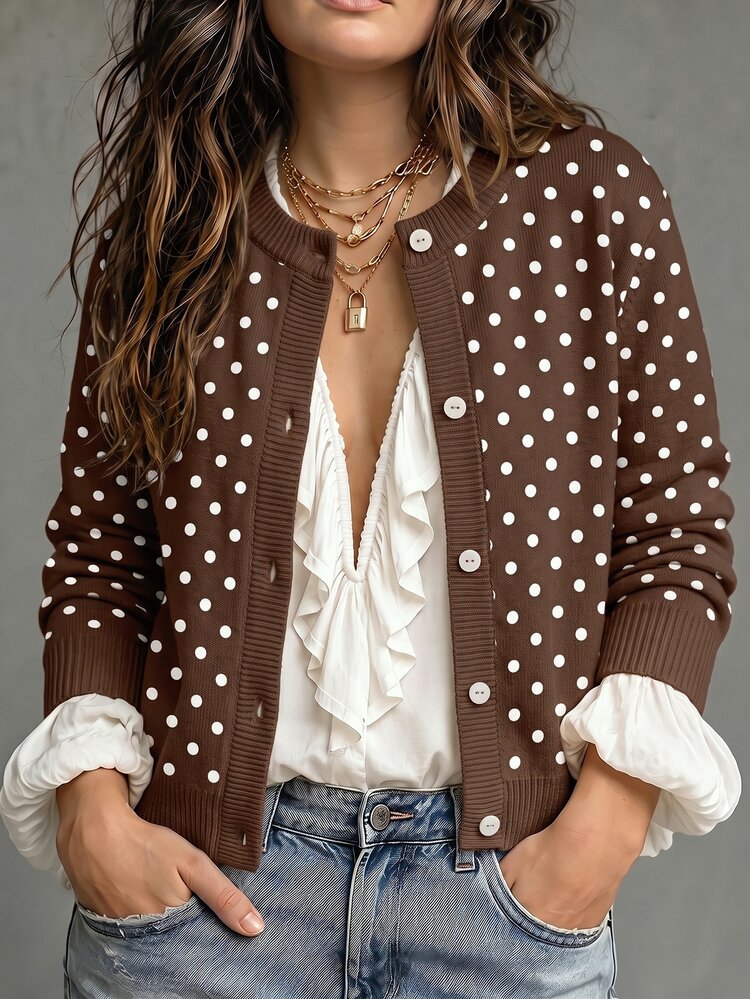Franclia Fashion Casual Vintage Round Neck Coffee & White Polka Dot Print Basic Button Front Cardigan Plus Size - Multicolor - View 1