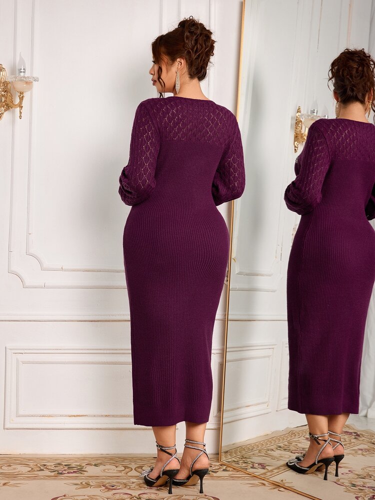 Modelyn Plus Size Fashion Vintage Rhinestone Long Sleeve Sweater Dress - Red Violet - View 2