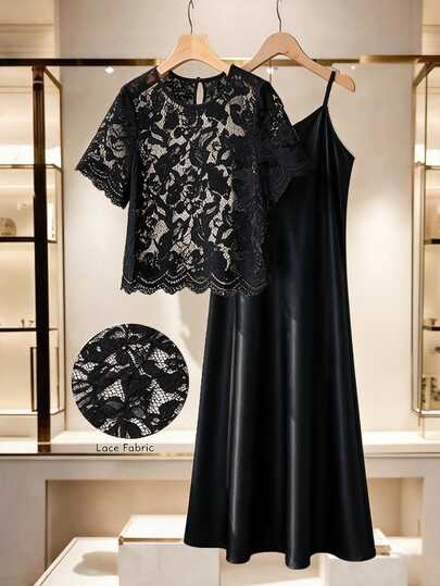 GlowEve CURVE Conjunto de 2 Peças Plus Size Minimalista com Top de Renda de Manga Curta e Gola Redonda & Vestido Camisole Preto