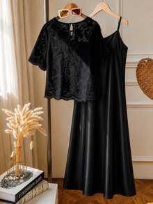 GlowEve CURVE Plus Size Minimalist Round Neck Short Sleeve Lace Top & Camisole Dress Black 2-Piece Set - Black - View 2