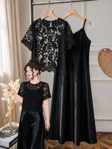 GlowEve CURVE Plus Size Minimalist Round Neck Short Sleeve Lace Top & Camisole Dress Black 2-Piece Set - Black - View 4