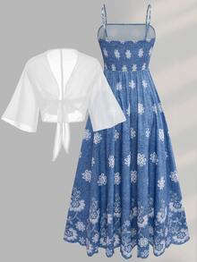 Franclia 大尺碼女款秋季花卉雪紡開襟衫洋裝套裝，鄉村風哥德仙女膠囊系列 2 件組，度假白色秋季早午餐派對藍白配色 - 藍白色 - 查看 2