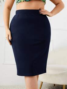 SHEIN Privé Plus High Waist Slit Back Skirt Spring To Summer Fall - Navy Blue - View 5