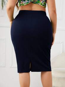 SHEIN Privé Plus High Waist Slit Back Skirt Spring To Summer Fall - Navy Blue - View 3
