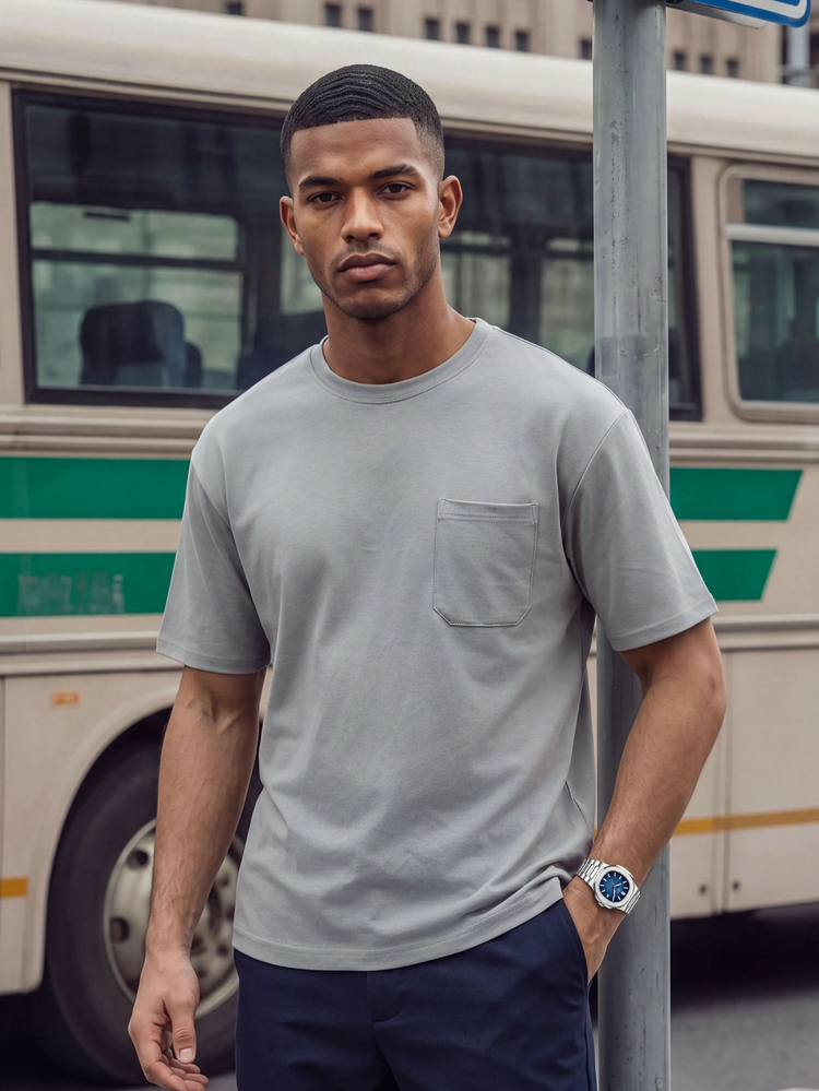 TekDrob Double Anti-Odor & Water Repellent T-Shirt With Single Chest Patch Pocket And Oversized Fit - Grey - View 7