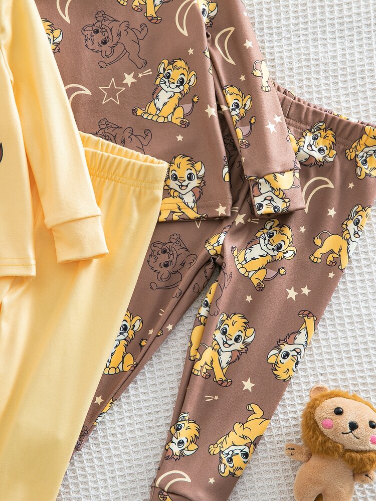 SHEIN Baby Boy 4-Piece Lounge Set, Cute Cartoon Lion Print, Casual Comfortable Home Wear, Long Sleeve Top & Pants, Fitted Pajama Outfit - Yellow - View 8