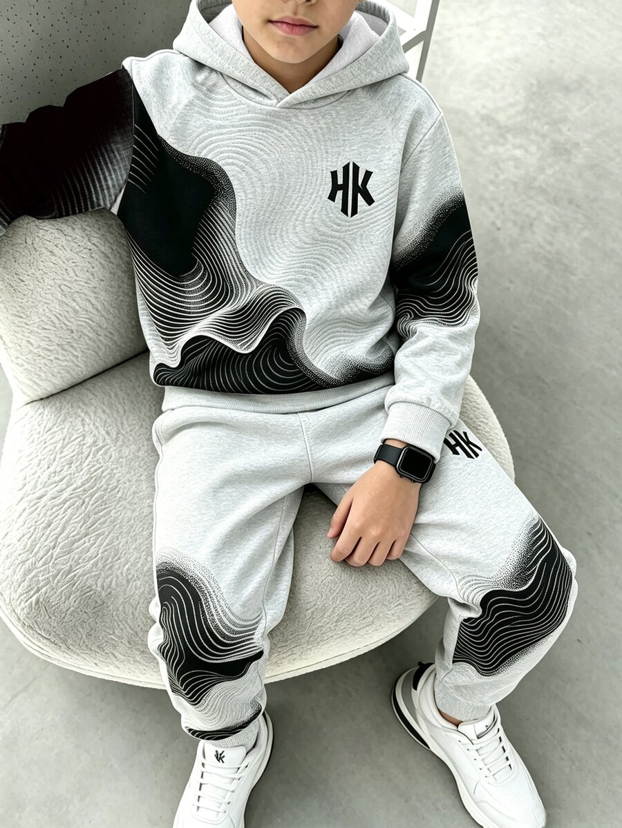 Tween Boys Casual Graphic Streetwear Fashion Minimalist Line Colorblock Print Pattern Contrast Color Autumn/Winter Hooded Sweatshirt Set School Grey - Multicolor - View 1