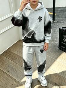 Tween Boys Casual Graphic Streetwear Fashion Minimalist Line Colorblock Print Pattern Contrast Color Autumn/Winter Hooded Sweatshirt Set School Grey - Multicolor - View 3