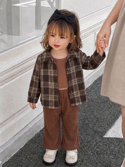 SHEIN 3pcs Baby Girls Shirt Tank Top Pants Cute Sweet Brown Rust Plaid Ribbed Long Sleeve Lapel Collar Regular Birthday Party Fall Holiday Flare