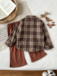 SHEIN 3pcs Baby Girls Shirt Tank Top Pants Cute Sweet Brown Rust Plaid Ribbed Long Sleeve Lapel Collar Regular Birthday Party Fall Holiday Flare - Multicolor - View 2