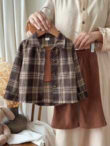 SHEIN 3pcs Baby Girls Shirt Tank Top Pants Cute Sweet Brown Rust Plaid Ribbed Long Sleeve Lapel Collar Regular Birthday Party Fall Holiday Flare - Multicolor - View 4