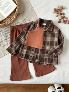 SHEIN 3pcs Baby Girls Shirt Tank Top Pants Cute Sweet Brown Rust Plaid Ribbed Long Sleeve Lapel Collar Regular Birthday Party Fall Holiday Flare - Multicolor - View 3