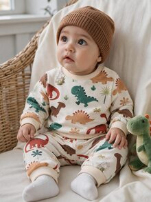 SHEIN Playful Pals 2pcs Baby Boy Sweatshirt Pants Set Cute Beige Green Dino Print Snaps Drawstring Long Sleeve Round Neck Regular Birthday Fall Halloween Holiday Cuffs - Multicolor - View 7