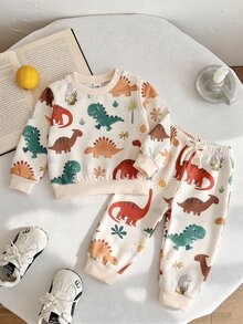 SHEIN Playful Pals 2pcs Baby Boy Sweatshirt Pants Set Cute Beige Green Dino Print Snaps Drawstring Long Sleeve Round Neck Regular Birthday Fall Halloween Holiday Cuffs - Multicolor - View 5